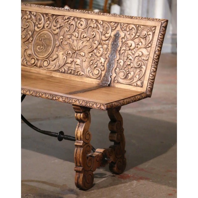 Metal 19th Century Spanish Renaissance Carved Chestnut Folding Bench With Iron For Sale - Image 7 of 12