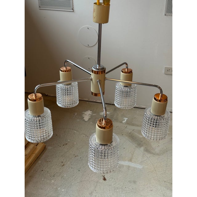 1960s Vintage Czech Drukov Brno 5-Light Chandelier – Pressed Glass & Chrome, 1960s For Sale - Image 5 of 10