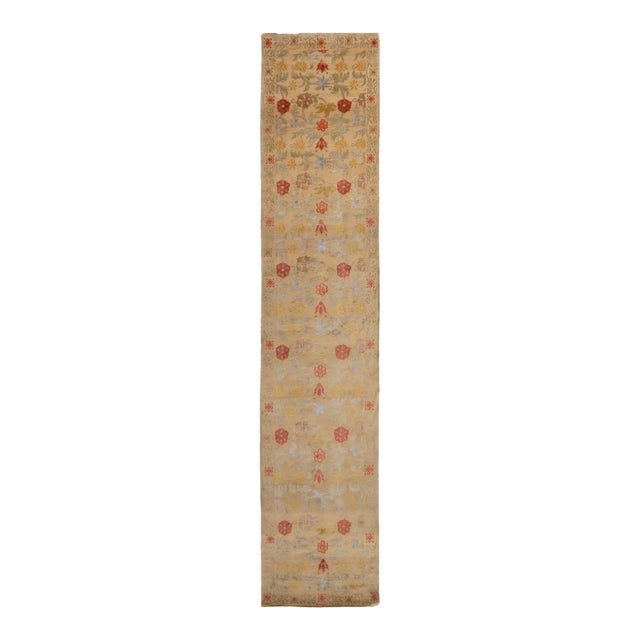 Rug & Kilim's Bilbao Spanish Design Beige Floral Wool-Silk Runner For Sale