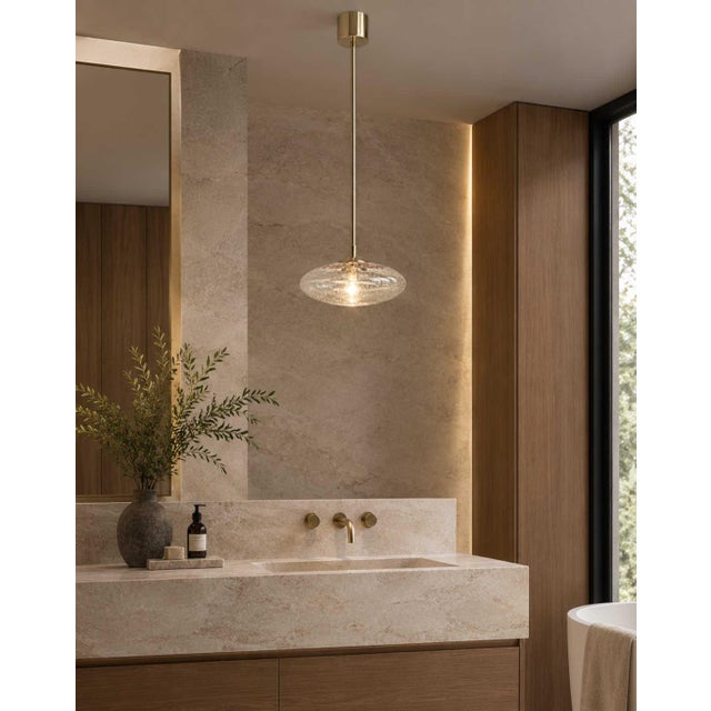 Metal Italian Uno Polished Brass Amber Bubbles Murano Glass Shade Pendant by Fabio LTD For Sale - Image 7 of 7
