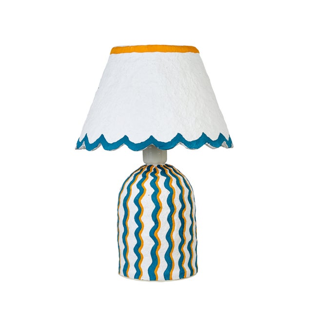 Blum Scalloped Squiggle Cotton Mache Table Lamp, Blue/Yellow For Sale In Los Angeles - Image 6 of 6