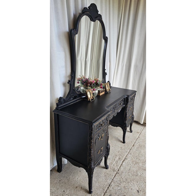 Wood Black Vanity With Chair, 1930s Parisian, Romantic Style For Sale - Image 7 of 18