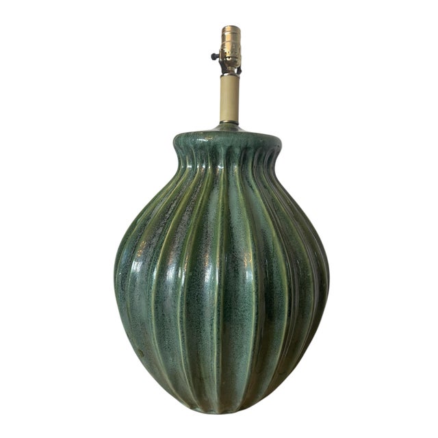 Mid-Century Modern Large Mid Century Modern Ribbed Green Drip Glaze Ceramic Table Lamp For Sale - Image 3 of 11