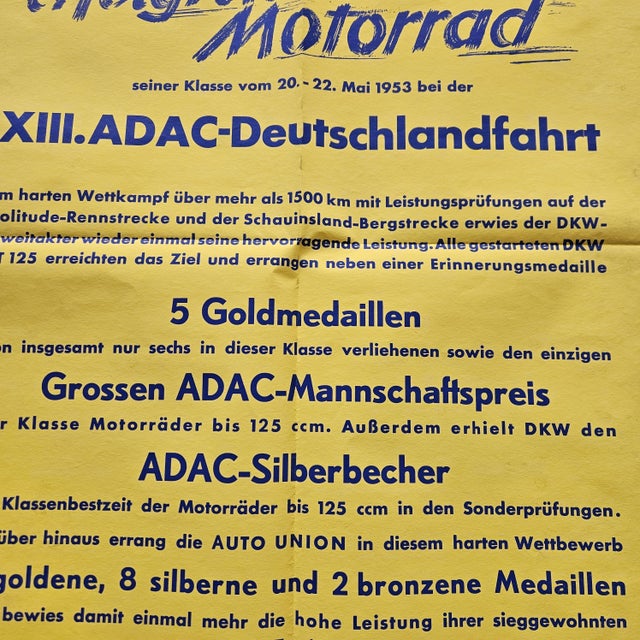 DKW RT 125 Motorcycle ADAC Germany Tour Poster, 1953 For Sale - Image 3 of 7