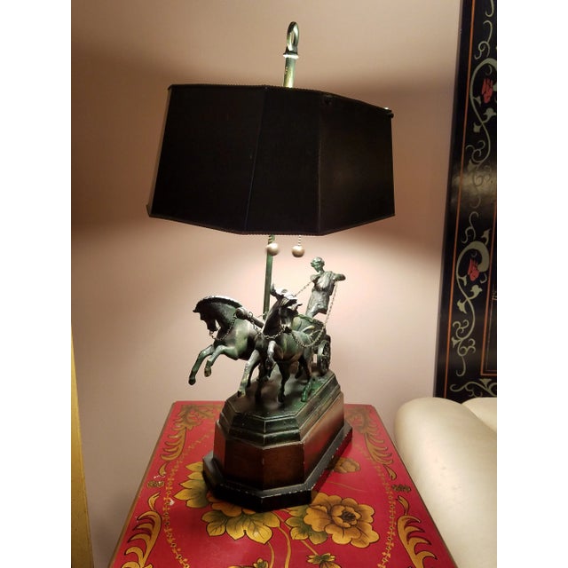 Dark Green French Empire Style Neoclassical Roman Gladiator in Chariot Tole Lamp For Sale - Image 8 of 13
