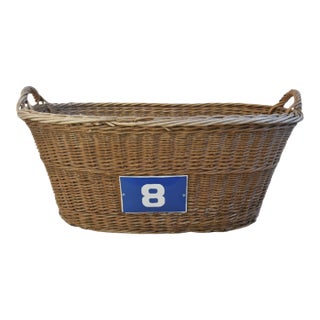 Vintage French Woven Wicker Basket W/ Blue & White Enameled Number "8" Plate For Sale