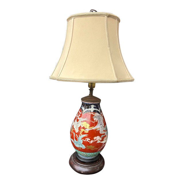 Early 20th C. Japanese Fukagawa Imari Crane Lamp With Silk Bell Shade & Brass Finial - Fully Rewired For Sale