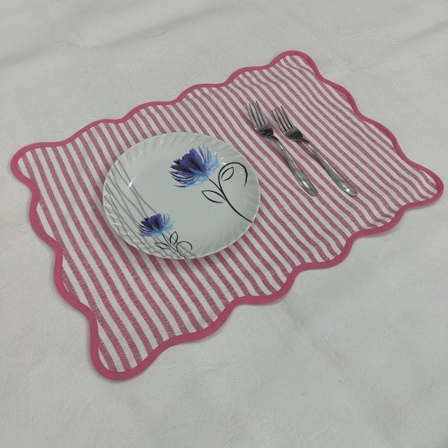 Modern Handmade Scalloped Rectangular Placemats, Pink and White Striped with Pink Piping - Set of 4 For Sale - Image 3 of 5