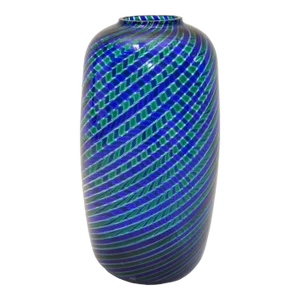 Venini Bulgarov 1970 Blue & Green Color Striped Blown Murano Glass Vase, Italy