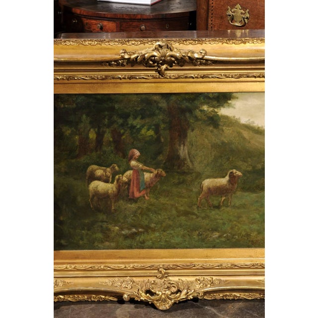 Wood Large Antique Oil Painting of Sheep and Shepherdess in Antique Giltwood Frame For Sale - Image 7 of 10