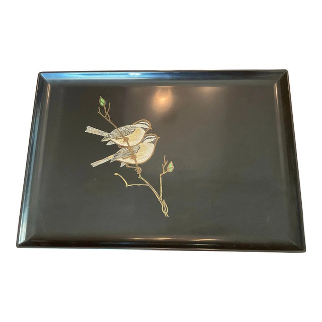 1960s Couroc Phenolic Resin Serving Tray With Inlaid Brass, Wood, and Gemstone Featuring Birds on a Branch With Gemstone Leaves For Sale