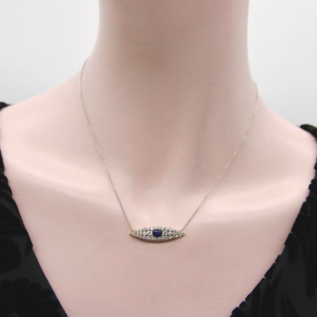 Gold Late 19th Century Victorian 14k Gold Diamond and Sapphire Eye-Shaped Pendant Necklace For Sale - Image 8 of 10