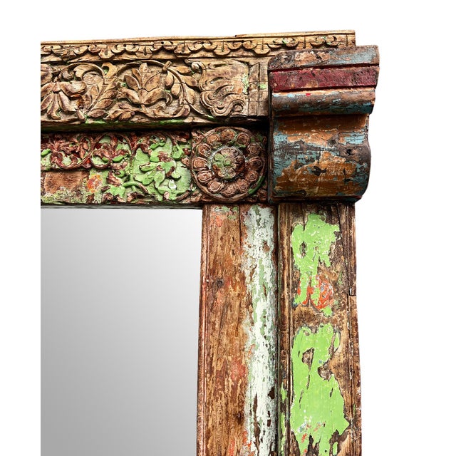 Indian Vintage Green Carved Mirror For Sale - Image 3 of 7