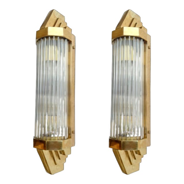 Pair Vintage 1940s Art Deco Skyscraper Wall Sconces Fixture Brass & Glass Rod Ship Light For Sale