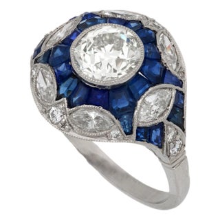 1920s Art Deco Style 1.27 Carat Diamond Sapphire Platinum Ring, Size 7.5 For Sale