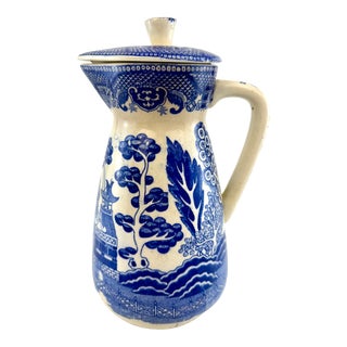 Antique Japanese Blue & White Ceramic Pitcher With Lid, Willow Pattern For Sale