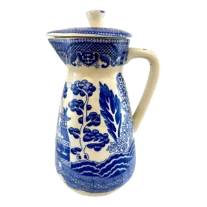 Antique Japanese Blue & White Ceramic Pitcher With Lid, Willow Pattern