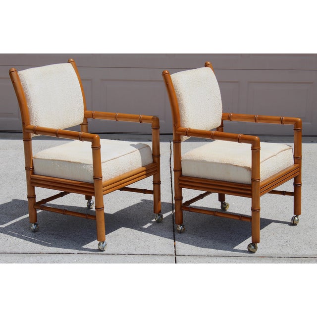 Vintage Faux Bamboo Armchairs on Casters – Pair of Hollywood Regency / Campaign Style Lounge Chairs For Sale - Image 10 of 15