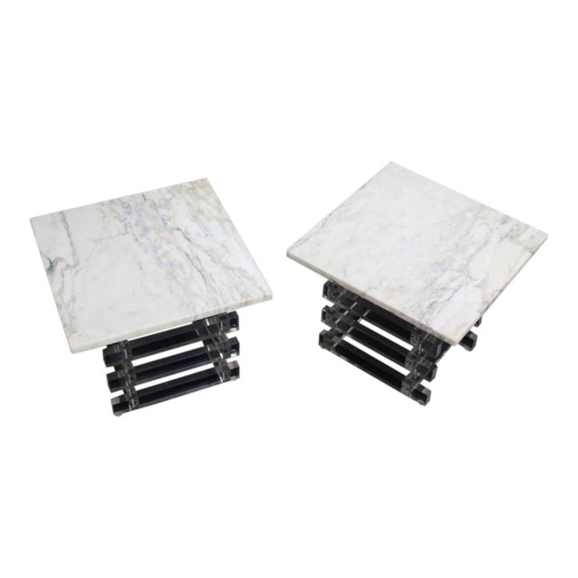 Vintage Mid Century Stacked Lucite Base and Marble Top Square End Tables- a Pair For Sale - Image 9 of 9