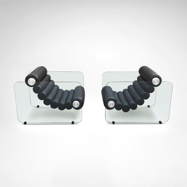 Leather and Glass Hyaline Armchairs by Fabio Lenci for Comfortline, Italy, 1960s, Set of 2 For Sale - Image 4 of 8