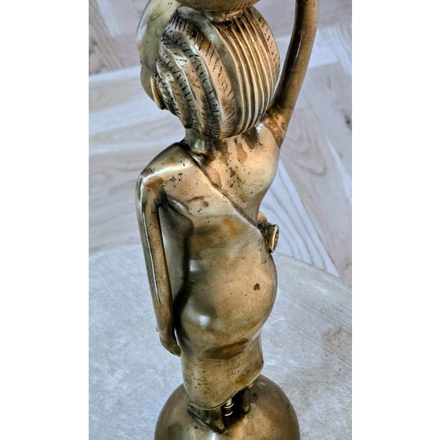Vintage African Brass Figural Lady Table Lamp With Frosted Globe For Sale - Image 12 of 15