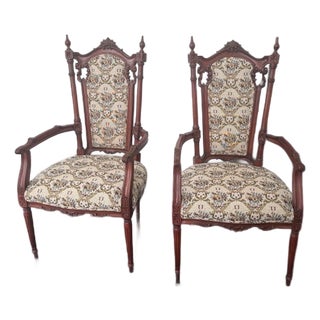 2 Antique Carved Wood Upholstered Armchairs For Sale
