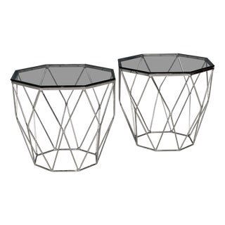 20th Century English Chrome & Glass Octagonal Side Tables, 1980s, Set of 2 For Sale