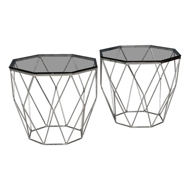 20th Century English Chrome & Glass Octagonal Side Tables, 1980s, Set of 2 For Sale