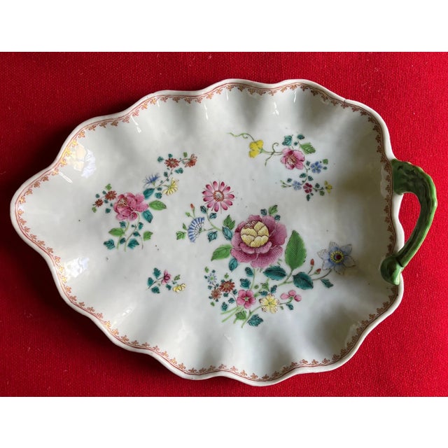 Antique 18th Century Chinese Export Porcelain Tobacco Leaf Platter Dish in Famille Rose Palette For Sale - Image 4 of 11