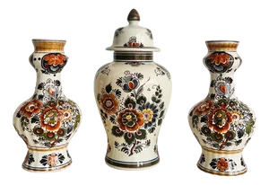 Vintage Polychrome Ceramic Vases and Urn, Holland, Set of 3