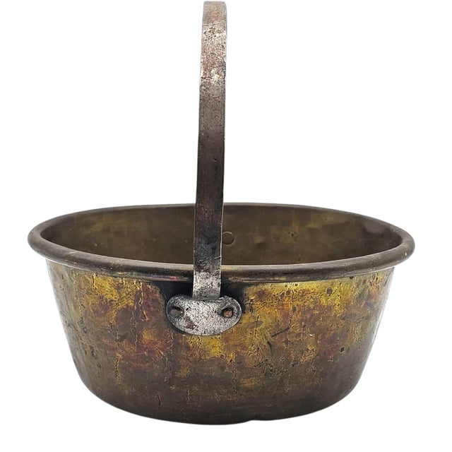 Antique Brass Cauldron Jam Pot Iron Handle Riveted Hearth Kettle 12.5" Diameter For Sale - Image 4 of 6