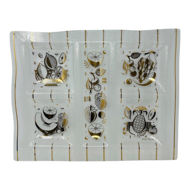 Oversized Signed Georges Briard "Ambrosia" 22k Gold & Glass 5-Section Serving Tray For Sale