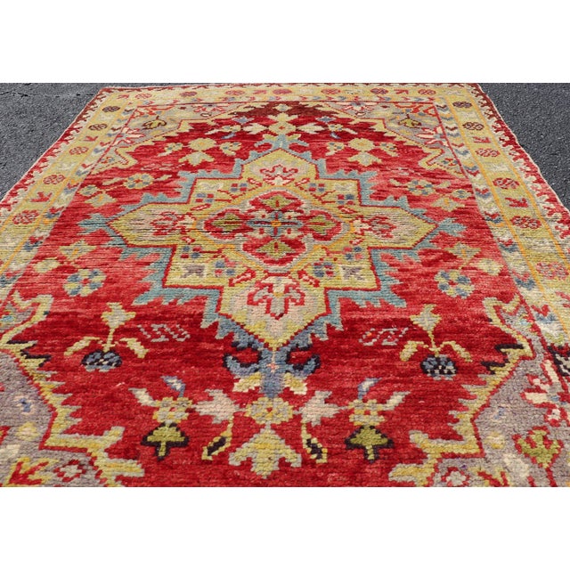Antique Turkish Oushak Medallion Rug in Red, Lime Green, Gray & Light Blue For Sale In Atlanta - Image 6 of 11
