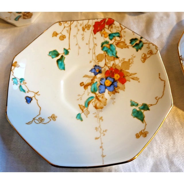 Royal Doulton Vintage Art Deco Royal Doulton 'Kew' Moriage Flower Pattern Cups and SAUCERS-set of 5 For Sale - Image 4 of 6