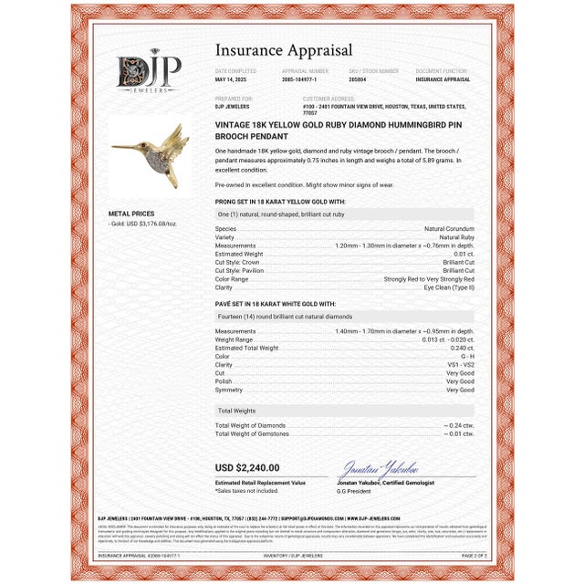 Vintage 18k Yellow Gold Ruby Diamond Hummingbird Pin Brooch Pendant For Sale In Houston - Image 6 of 6