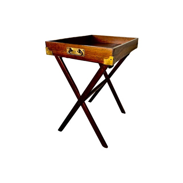 Vintage Campaign-Style Butler’s Tray Table – Mahogany Folding X-Frame with Brass Hardware, Removable Serving Tray...