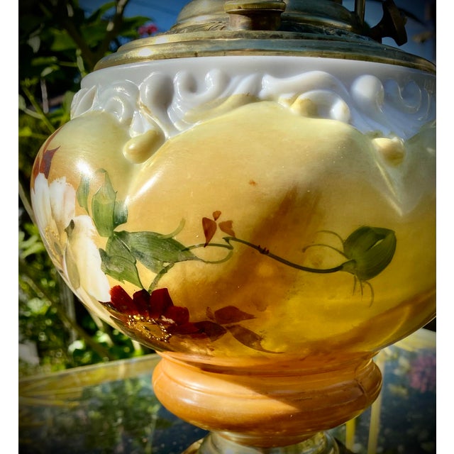 Antique American Banquet Oil Lamp With Hand Painted Font and Brass Filigree Base For Sale - Image 15 of 18