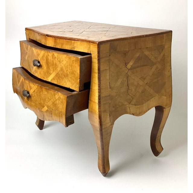 Brown 1940s Italian Parquetry Two Drawer Mini Commode With Shell Form Handles For Sale - Image 8 of 11