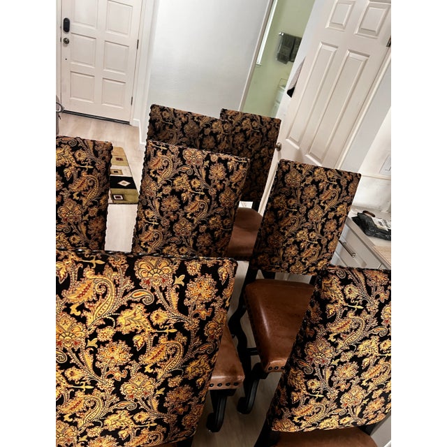 Set of 8 Dining Chairs – Leather Seats, Tapestry Backs, Nailhead Detail For Sale In San Francisco - Image 6 of 12