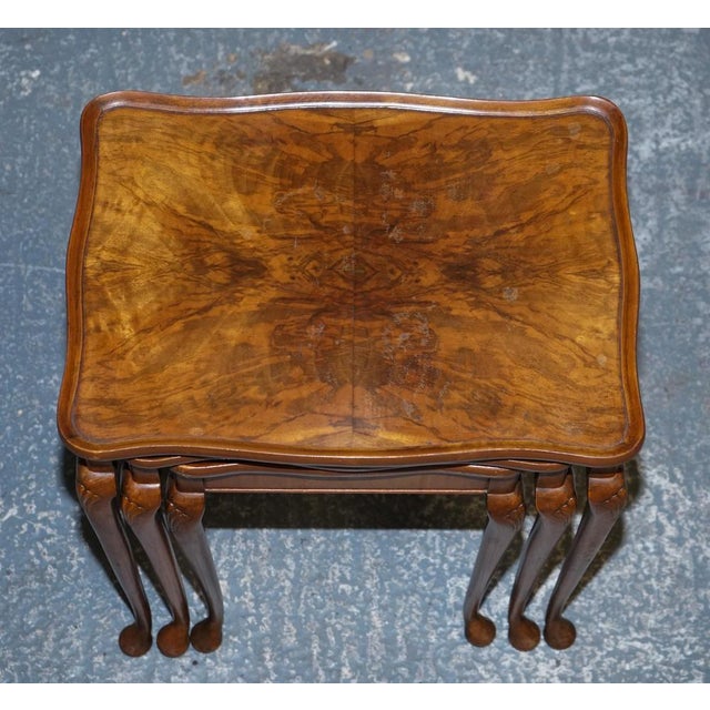 Gold Art Deco Burr Walnut Nest of Three Table with Queen Anne Legs, Set of 3 For Sale - Image 8 of 11