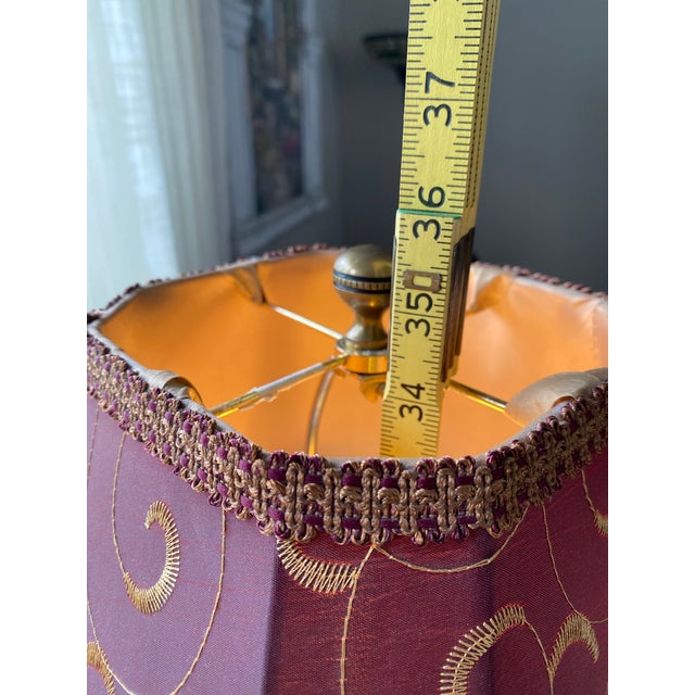 Vintage Brass Table Lamp With Burgundy Embroidered Shade, Gold Scroll Motif & Crystal Drops, Traditional Hollywood Regency Decor For Sale - Image 10 of 12