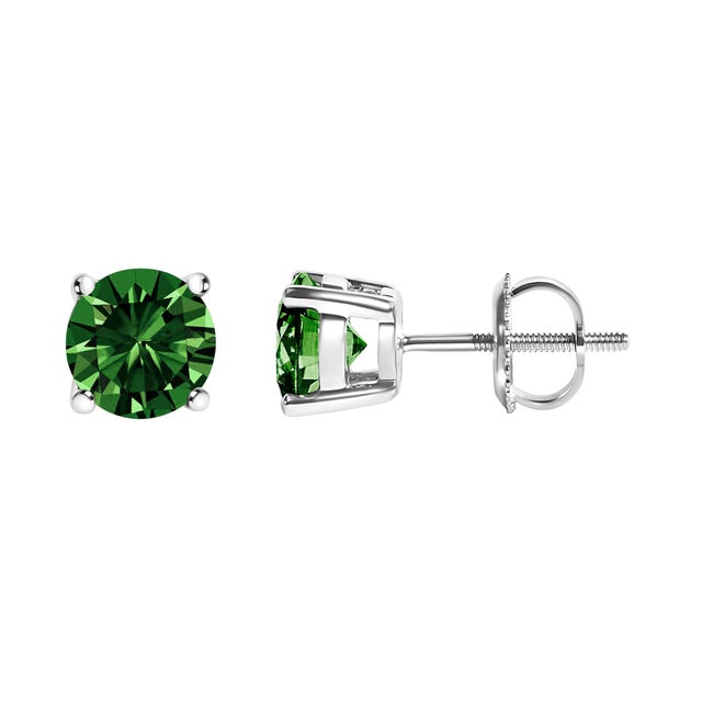 Contemporary 14K White Gold 2.0 Cttw Lab Grown Green Diamond Classic Solitaire Stud Earrings For Sale - Image 3 of 5