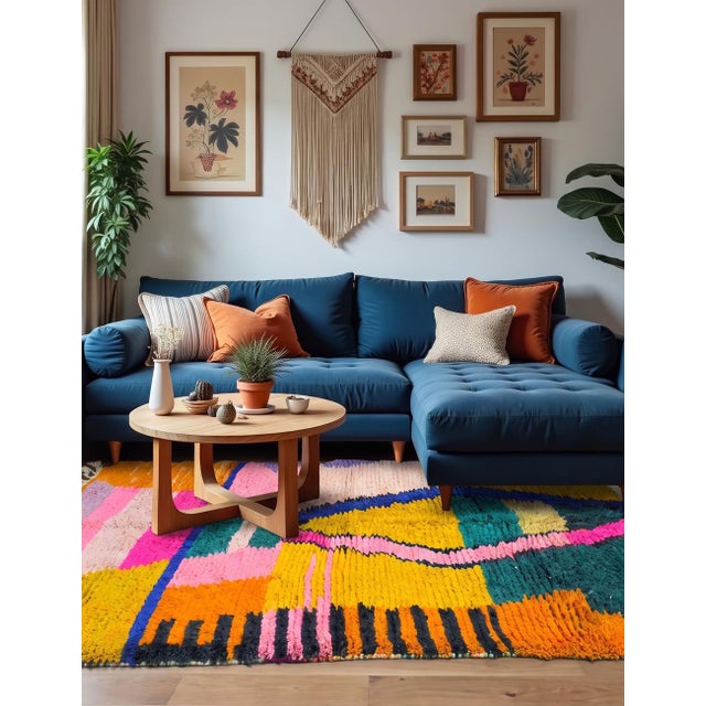 Modern Boujad Rug | Handwoven Wool Rug in Mustard, Magenta & Teal Color-Block Diamond Design This exuberant modern Boujad...
