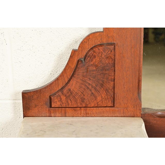Herter Brothers Style Antique Eastlake Victorian Carved Burled Walnut Marble Top Vanity Dresser With Mirror, Circa 1880s For Sale - Image 12 of 18