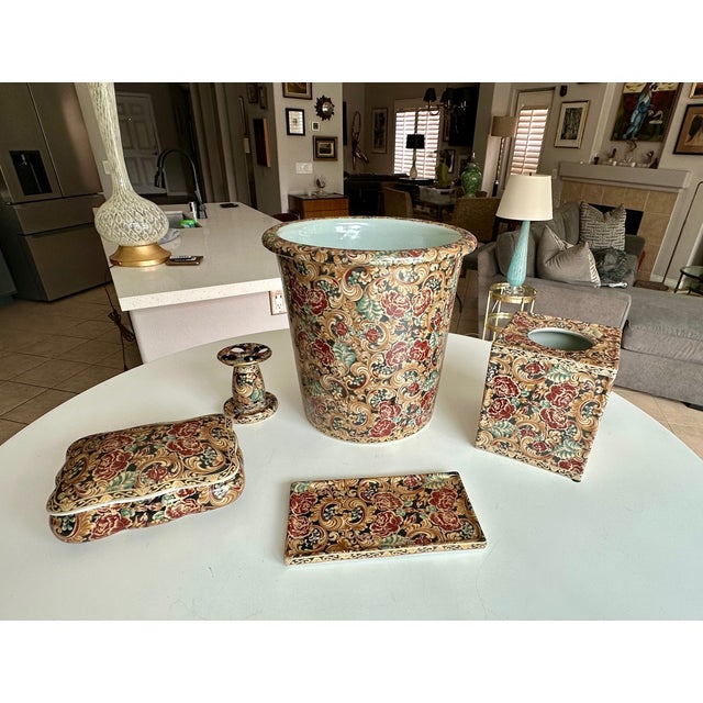 1980s Chinese Bathroom Accessory Set Floral Porcelain Vintage For Sale - Image 5 of 17