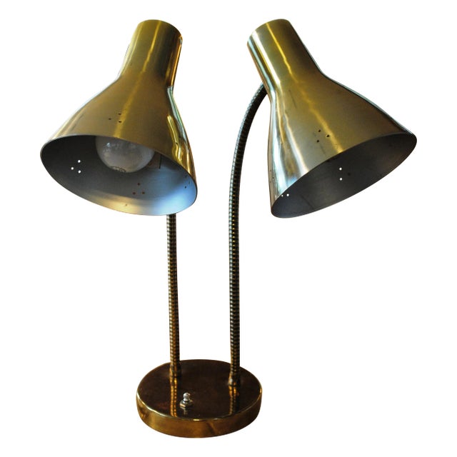 Mid 20th Century Double Gooseneck Brass Desk Lamp For Sale