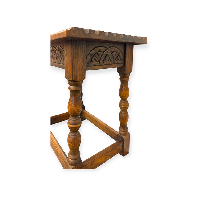 Brown Antique Welsh Carved Wooden Joint Stool Side Table With Turned Legs Uk Import For Sale - Image 8 of 8