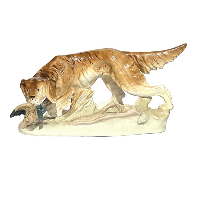 Large Mid 20th Century Royal Dux Porcelain Hunting Dog With Pheasant. For Sale