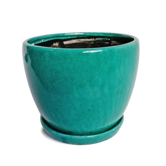 Vintage beautiful classic turquoise crackle ceramic pot. Includes drainage hole and tray.