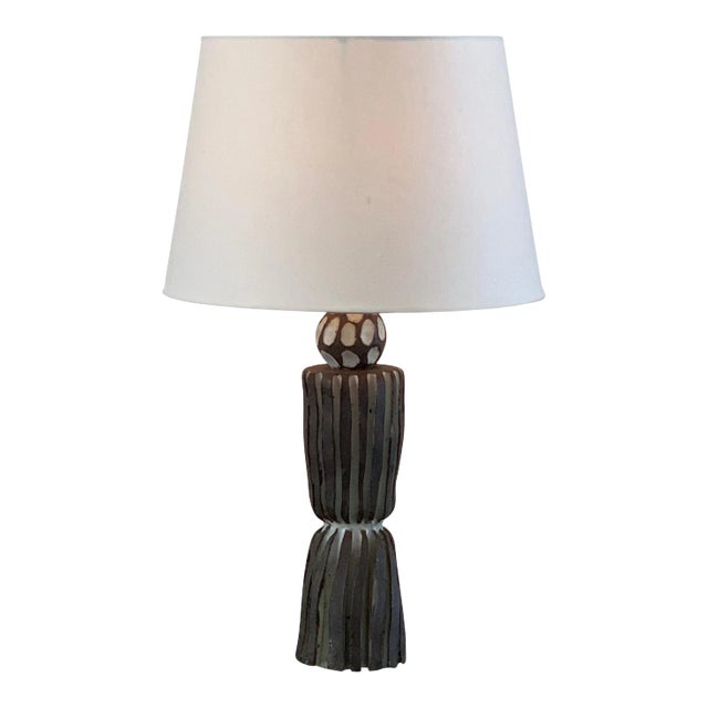 Grooved 'Sillons' Pottery Lamp with Parchment Shade by Design Frères For Sale